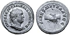 Roman Imperial Balbinus AR Antoninianus. Rome, AD 238. IMP CAES D CAEL BALBINVS AVG, radiate, draped and cuirassed bust right / FIDES MVTVA AVGG, clasped right hands. RIC 11; BMCRE 71-73; RSC 6. 4.63g
