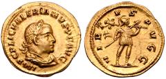 Roman Imperial Valerian I AV Aureus. Rome, AD 254-256. IMP C P LIC VALERIANVS P F AVG, laureate and draped bust right / VIRTVS AVGG, Virtus advancing right, holding spear in right hand and trophy over