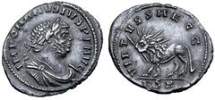 Roman Imperial Carausius AR Denarius. London, circa AD 289-290. IMP CARAVSIVS P F AVG, laureate, draped and cuirassed bust right / VIRTVS SAEC C, radiate lion walking to left with thunderbolt held in 