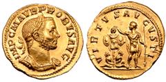 Roman Imperial Probus AV Aureus. Lugdunum, AD 276. IMP C M AVR PROBVS AVG, laureate, draped and cuirassed bust right / VIRTVS AVGVSTI, Probus standing left, holding sceptre and crowning trophy at base