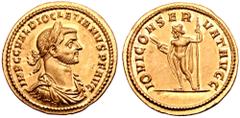 Roman Imperial Diocletian AV Aureus. Rome or Cyzicus, AD 286. IMP C C VAL DIOCLETIANVS P F AVG, laureate, draped and cuirassed bust right, seen from front / IOVI CONSERVAT AVGG, Jupiter standing left,