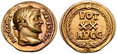 Roman Imperial Diocletian AV Aureus. Aquileia, AD 294-303. DIOCLETIANVS P F AVG, laureate head right / VOT XX AVGG in three lines within wreath with jewel at apex and closed at base with eagle. RIC 7a