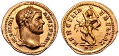 Roman Imperial Maximian AV Aureus. Treveri, AD 293-294. MAXIMIANVS P F AVG, laureate head right / HERCVLI DEBELLAT, Hercules standing left, holding club in raised right arm, preparing to strike Hydra 
