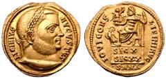 Roman Imperial Licinius I AV Aureus. Nicomedia, AD 317. Celebrating the Decennalia of November 11. LICINIVS AVGVSTVS, laureate head right / IOVI CONS LICINI AVG, laureate and bearded Jupiter, nude to 