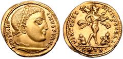 Roman Imperial Constantine I AV Solidus. Thessalonica, AD 317. CONSTANTINVS P F AVG, laureate head right / VIRTVS EXERCITVS GALL, Mars walking to right, carrying spear and trophy, chlamys over left sh
