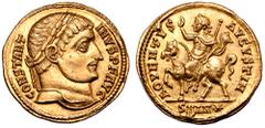 Roman Imperial Constantine I AV Solidus. Antioch, AD 324-325. CONSTANTINVS P F AVG, laureate head right / ADVENTVS AVGVSTI N, Constantine on horseback to left, cloak flying, raising right hand and hol