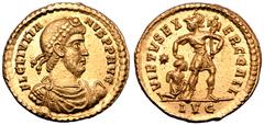 Roman Imperial Julian II AV Solidus. Lugdunum, AD 360-361. FL CL IVLIANVS P P AVG, pearl-diademed, draped and cuirassed bust right / VIRTVS EXERC GALL, soldier standing right, head left, holding troph