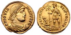 Roman Imperial Jovian AV Solidus. Sirmium, AD 363-364. D N IOVIANVS P F AVG, pearl-diademed, draped and cuirassed bust right / SECVRITAS REIPVBLICE, Jovian, diademed and in military attire, standing f