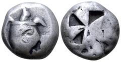 Greek Islands off Attica, Aegina AR Stater. Circa 480-457 BC. Sea turtle, head in profile, with 'T-back' design on shell; countermark / Large square incuse with skew pattern. Meadows, Aegina, Group II
