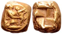 Greek Mysia, Kyzikos EL Stater. Circa 450-330 BC. Gaia rising out of the earth, bearing in both hands the infant Erichthonios; tunny fish below to right / Quadripartite incuse square. Von Fritze I 157