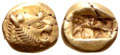 Greek Kingdom of Lydia, Alyattes EL Trite - 1/3 Stater. Sardes, circa 610-546 BC. Head of roaring lion right, sunburst with multiple rays on forehead / Two incuse square punches. Traité II/1, 44, pl. 