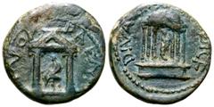 Judaean Diva Poppaea (wife of Nero) and Diva Claudia (daughter of Nero) Ӕ20 of Caesarea Panias, Judaea. Struck under Nero, after 65 CE. [DIV]A POPPAEA A[VG], distyle temple with female figure seated l