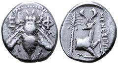 Greek Ionia, Ephesos AR Tetradrachm. Menesippos, magistrate. Circa 370-360 BC. Bee with straight wings; E-Φ flanking / Forepart of stag right; palm tree to left, MENEΣIΠΠO[Σ] to right. Pixodarus p. 18