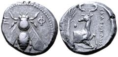 Greek Ionia, Ephesos AR Tetradrachm. Ekatokles, magistrate. Circa 340-325 BC. Bee with straight wings; E-Φ flanking / Forepart of stag right; palm tree to left, EKATOKΛHΣ to right. Pixodarus p. 183, C