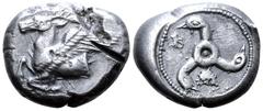 Greek Dynasts of Lykia, Khinakha(?) AR Stater. Kandyba, circa 470-440 BC. Forepart of winged stag left / Triskeles with arms ending in swan heads, legend traces around, all within dotted border within