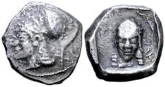 Greek Cyprus, Lapethos AR Stater. Sidqmelek, circa 435 BC. Head of Athena left, wearing crested Corinthian helmet; Phoenician inscription 'King of Lapethos' before / Head of Athena facing, wearing nec