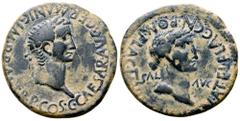 Roman Provincial Caligula, with Caesonia, Æ As of Carthago Nova, Spain. Circa AD 37. C CAESAR AVG GERMANIC IMP P M TR P COS, laureate head of Caligula right / [C]N ATEL FLAC CN POM FLAC II [VIR QVINC]