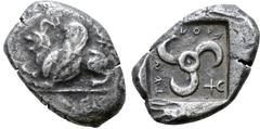 Greek Dynasts of Lycia, Tnnemi AR Stater. Kandyba(?), circa 480-460 BC. Griffin(?) lying to left on linear ground line / Triskeles, symbol above right, Lycian script around; all within incuse square. 