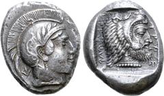 Greek Dynasts of Lycia, Kherei AR Stater. Telmessos, circa 410-390 BC. Head of Athena right, wearing crested Attic helmet decorated with spiral palmette and three olive leaves; KH (in Lycian script) b