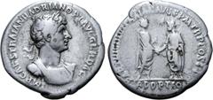 Roman Imperial Hadrian AR Denarius. Rome, AD 117. IMP CAESAR TRAIAN HADRIAN OPT AVG GER DAC, laureate, draped and cuirassed bust right / PARTHIC DIVI TRAIAN AVG F P M TR P COS P P, Trajan and Hadrian 