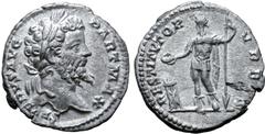 Roman Imperial Septimius Severus AR Denarius. Rome, AD 200-201. SEVERVS AVG PART MAX, laureate head right / RESTITVTOR VRBIS, Emperor standing left, holding patera in right hand over tripod altar, and