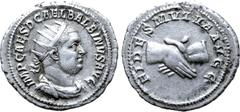 Roman Imperial Balbinus AR Antoninianus. Rome, AD 238. IMP CAES D CAEL BALBINVS AVG, radiate, draped and cuirassed bust right / FIDES MVTVA AVGG, clasped right hands. RIC 11; BMCRE 71-73; RSC 6. 4.51g