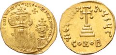 Byzantine Constans II AV Solidus. Constantinopolis, AD 654-659. ∂ N CONSTANTINЧS CONSTANTINЧ, facing busts of Constans, on left with long beard, and Constantine IV, beardless, each wearing crown and c