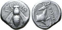 Greek Ionia, Ephesos AR Tetradrachm. Zobios, magistrate. Circa 360-350 BC. Bee with straight wings; E-Φ flanking / Forepart of stag right; palm tree to left, ZΩBIOΣ to right. Pixodarus class F, O85; B