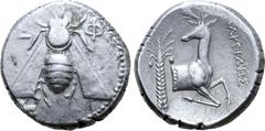Greek Ionia, Ephesos AR Tetradrachm. Alkeides, magistrate. Circa 340-325 BC. Bee with straight wings; E-Φ flanking / Forepart of stag right; palm tree to left, AΛKEIΔHΣ to right. Pixodarus class I, O1