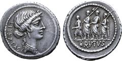 Roman Republic Q. Servilius Caepio (M. Junius) Brutus AR Denarius. Rome, 54 BC. Bust of Libertas right; LIBERTAS downward behind / Consul L. Junius Brutus, between two lictors, preceded by accensus, a