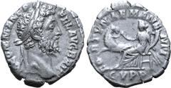 Roman Imperial Commodus AR Denarius. Rome, AD 189. M COMM ANT P FEL AVG BRIT, laureate bust right / FORTVNAE MANENTI, Fortuna sitting left holding cornucopiae with left hand and restraining horse by t
