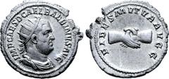 Roman Imperial Balbinus AR Antoninianus. Rome, AD 238. IMP CAES D CAEL BALBINVS AVG, radiate, draped, and cuirassed bust right / FIDES MVTVA AVGG, clasped right hands. RIC 11; RSC 6. 4.07g, 23mm, 11h.