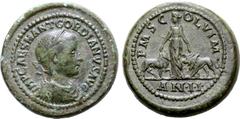 Roman Imperial Gordian III Æ Medallion. Dated CY II = AD 240/1. IMP CAES M ANT GORDIANVS AVG, laureate, draped and cuirassed bust right / P M S COL VIM, Moesia standing facing, head left, extending ha