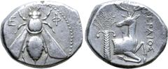 Greek Ionia, Ephesos AR Tetradrachm. Pheraios, magistrate. Circa 340-325 BC. Bee with straight wings; E-Φ flanking / Forepart of stag right; palm tree to left, ΦΕΡΑΙΟΣ to right. Pixodarus Class I, O15