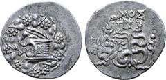 Greek Mysia, Pergamon AR Cistophoric Tetradrachm. Circa 76-67 BC. Serpent emerging from cista mystica; all within ivy wreath / Two serpents entwined around bow and bowcase; MOΣ and monogram above, civ