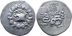 Greek Mysia, Pergamon AR Cistophoric Tetradrachm. Circa 76-67 BC. Serpent emerging from cista mystica; all within ivy wreath / Two serpents entwined around bow and bowcase; MOΣ and monogram above, civ