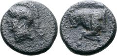 Greek Cyprus, Salamis Æ13. Circa 4th century BC. Head of Athena left wearing crested Athenian helmet, shoulders draped / Forepart of bull kneeling left; [Σ before]. Tziambazis 131; Sear 5828; SNG Cope