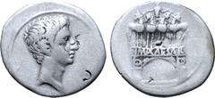 Roman Imperatorial Octavian AR Denarius. Rome, 29-27 BC. Bare head of Octavian right / IMP CAESAR, on architrave of arch surmounted by facing quadriga bearing Octavian. CRI 422; RIC 267; BMC 624; RSC 