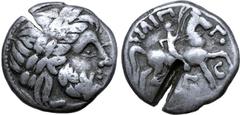 The Prof. Hermann Lanz Collection Celts in Eastern Europe AR Tetradrachm. Unfaithful legend type. Imitating Philip II of Macedon. Circa 3rd century BC. Laureate head of Zeus to right / Rider on horseb