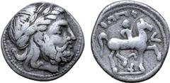 The Prof. Hermann Lanz Collection Celts in Eastern Europe AR Tetradrachm. Unfaithful legend type. Imitating Philip II of Macedon. Circa 3rd century BC. Laureate head of Zeus to right / Rider on horseb