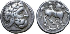 The Prof. Hermann Lanz Collection Celts in Eastern Europe AR Tetradrachm. Unfaithful legend type. Imitating Philip II of Macedon. Circa 3rd century BC. Laureate head of Zeus to right / Rider on horseb