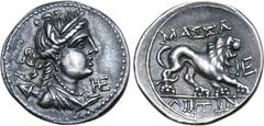 Greek Gaul, Massalia AR Drachm. Circa 150-130 BC. Draped bust of Artemis right, wearing stephane, bow and quiver over shoulder; ligate HE to right / Lion standing right; MAΣΣA-ΛIHTΩN above and below, 