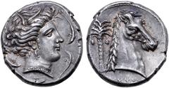 Greek Sicily, Entella AR Tetradrachm. Circa 320-300 BC. Head of Tanit right, wearing wreath of grain leaves, triple-pendant earring and pearl necklace; four dolphins around / Horse's head right, palm 