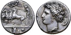 Greek Sicily, Syracuse AR Dekadrachm. Time of Dionysios I, circa 405-370 BC. Reverse die signed by Euainetos. Charioteer driving galloping quadriga to left, holding kentron in right hand, reins in lef