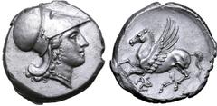 Greek Sicily, Syracuse AR Stater. Time of Agathokles, circa 317-289 BC. Helmeted head of Athena right / Pegasos flying left; triskeles below. Pegasi 19 var. (triskeles clockwise); SNG ANS 682-685 var.