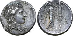 Greek Sicily, Syracuse AR Tetradrachm. Time of Agathokles, circa 310-306/5 BC. Head of Kore right, wearing earring, necklace and wreath of grain ears; KOPAΣ to left / Nike standing right, wearing drap