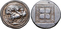 Greek Macedon, Akanthos AR Tetradrachm. Circa 470-430 BC. Lion to right, leaping upon and attacking bull to left; in exergue, fish to left / AKANΘION in shallow incuse around quadripartite square, the