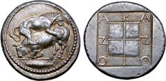 Greek Macedon, Akanthos AR Tetradrachm. Circa 470-430 BC. Lion to right, leaping upon and attacking bull crouching to left; in exergue, fish to left / AKANΘION in shallow incuse around quadripartite s