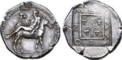 Greek Macedon, Mende AR Tetradrachm. Circa 430-423 BC. Dionysos, bearded, long haired and wreathed with ivy, reclining on a donkey walking to right, supporting his body with his left elbow, head turne
