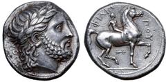 Greek Kingdom of Macedon, Philip II AR Tetradrachm. Pella, circa 342/1-337/6 BC. Laureate head of Zeus right / Youth on horseback right, holding reins and long palm branch; thunderbolt below, ΦΙΛΙΠΠΟΥ